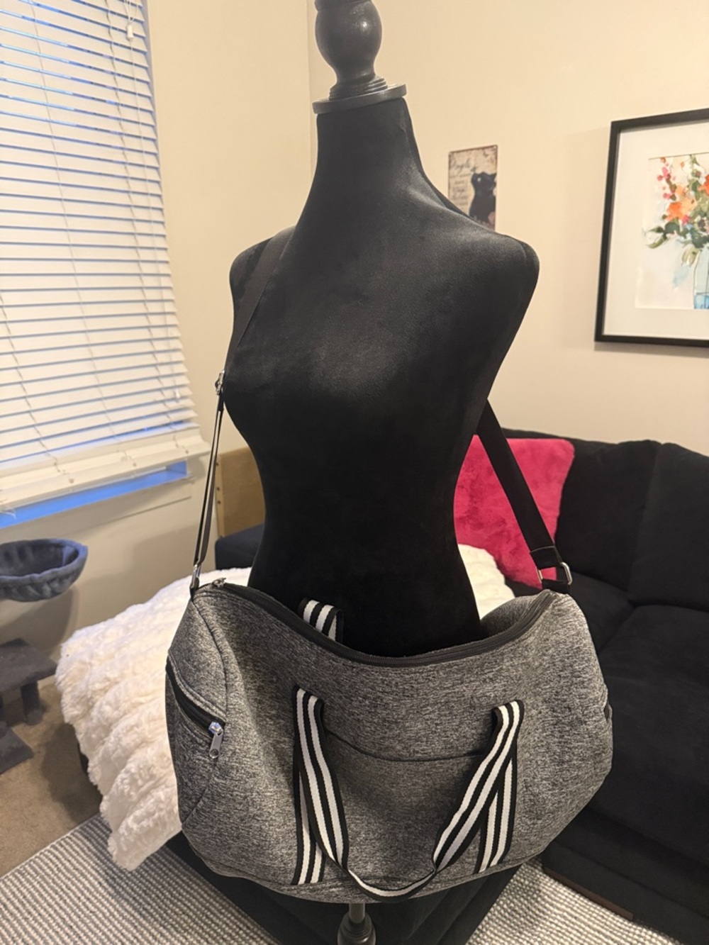Women’s Gray Duffel Bag with Striped Handles